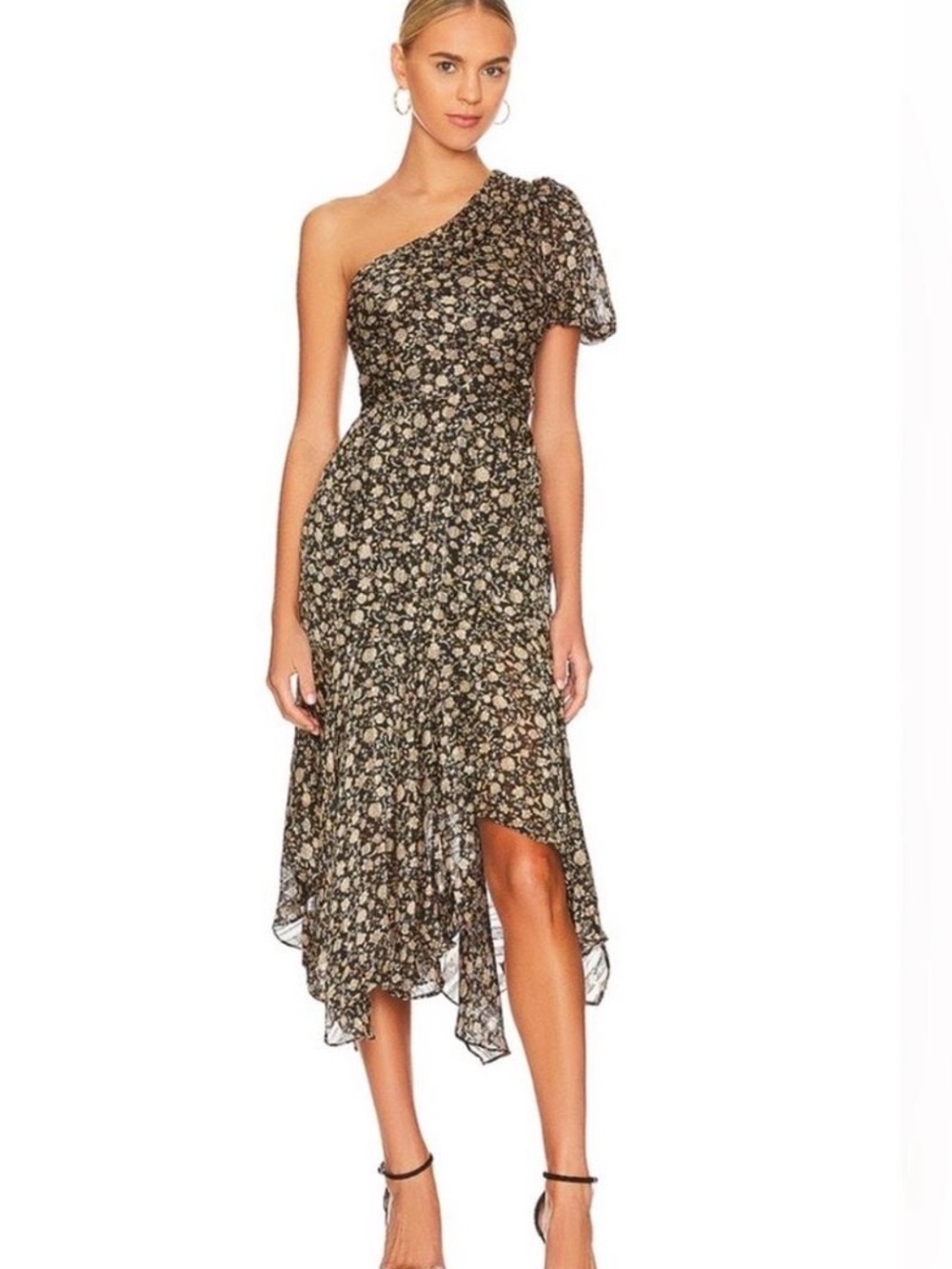 Astr the Label Santorini One-Shoulder Black Floral Asymmetric Midi Dress - Small